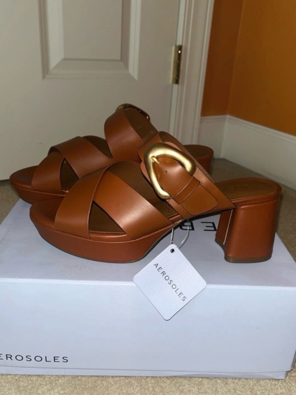 AEROSOLES Cognac Leather Platform Slide Heels with Gold Buckle - Picture 4 of 5